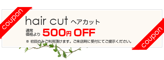 hair cut ヘアカット 通常価格より500円 OFF ※初回のみご利用頂けます。ご来店時に受付にてご提示ください。