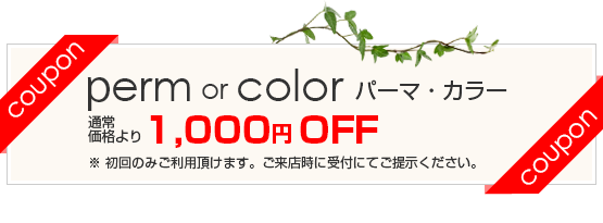 perm or color パーマ・カラー 通常価格より1,000円 OFF ※初回のみご利用頂けます。ご来店時に受付にてご提示ください。